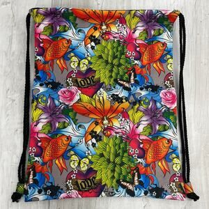 Colorful Artistic Fish & Floral Drawstring Backpack Boho Festival Cinch Bag